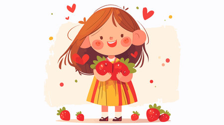 Cute little girl with strawberries. Vector illustration in cartoon style.のイラスト素材