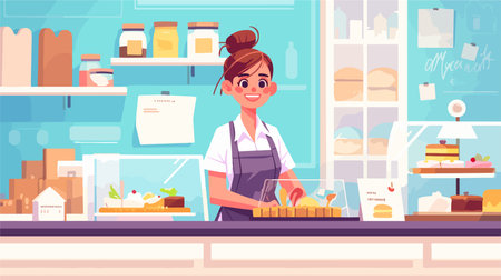 Coffee shop interior. Female barista in apron standing at counter in coffee shop. Vector illustrationのイラスト素材
