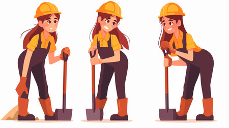 Set of female construction workers with shovel. Vector illustration in cartoon styleのイラスト素材