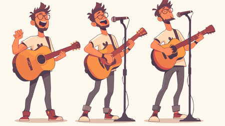 Vector illustration of a young man playing guitar and singing. Cartoon style.のイラスト素材