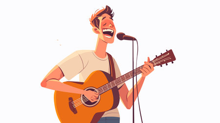 Handsome young man singing and playing guitar, flat vector illustration isolated on white background.のイラスト素材