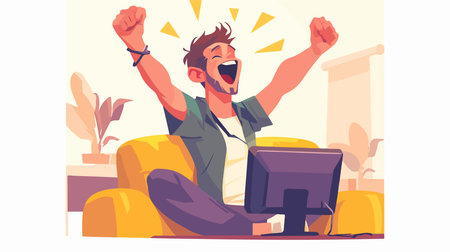 Happy man sitting on sofa in living room with computer and celebrating victory. Joyful young man raising hands up. Flat vector illustration.のイラスト素材