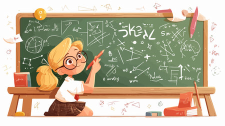 Schoolgirl writing on the blackboard. Vector illustration in cartoon style.のイラスト素材