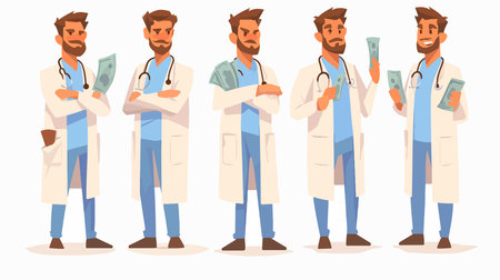 Set of doctors in different poses isolated on white background. Cartoon vector illustration.のイラスト素材