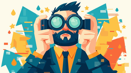 Businessman looking through binoculars. Vector illustration in flat styleのイラスト素材