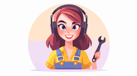 Girl in headphones with a wrench. Vector illustration in cartoon style.のイラスト素材