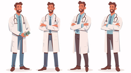 Set of doctor character in different poses. Vector illustration in cartoon styleのイラスト素材
