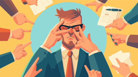 Businessman in suit and glasses suffering from headache, migraine, stress, headache, migraine. Vector flat cartoon illustrationのイラスト素材