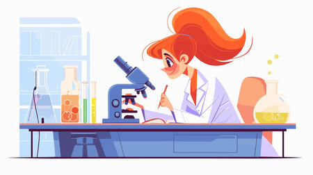Scientist girl working in laboratory with microscope and test tubes, vector illustrationのイラスト素材