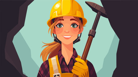 Smiling female miner in hardhat with pickaxe. Vector cartoon illustration.のイラスト素材