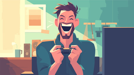 Happy man playing video game at home vector illustration. Cartoon man playing video game at home.のイラスト素材