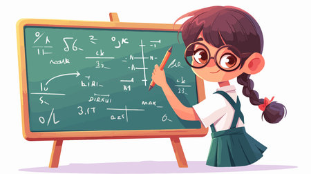 Cute schoolgirl in glasses standing near blackboard. Vector illustrationのイラスト素材
