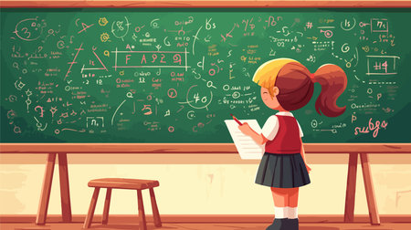 Back to school concept background with schoolgirl writing on blackboard vector illustrationのイラスト素材