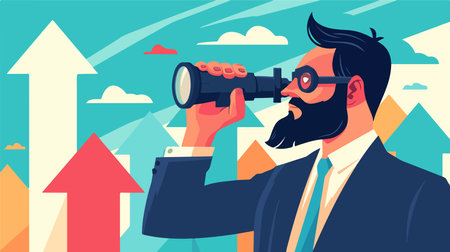Businessman looking through binoculars. Vector illustration in flat styleのイラスト素材