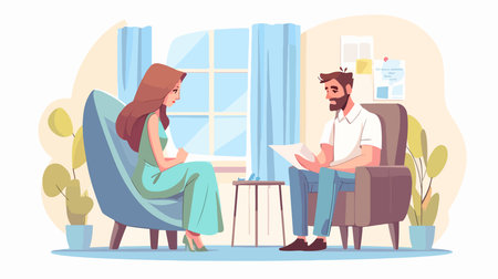 Psychotherapist or psychotherapist working with patient. Mental health, psychotherapy concept. Vector illustration in cartoon styleのイラスト素材