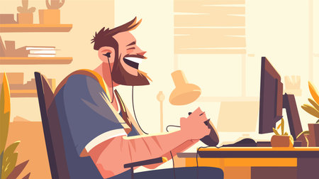 Hipster man playing video games at home. Vector flat cartoon illustrationのイラスト素材