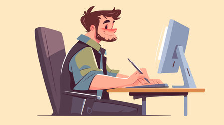 Hipster man working at the computer. Vector illustration in cartoon styleのイラスト素材
