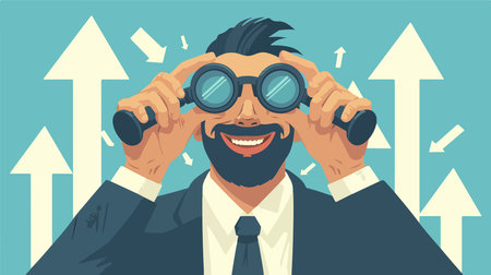 Businessman looking through binoculars. Vector illustration in flat styleのイラスト素材