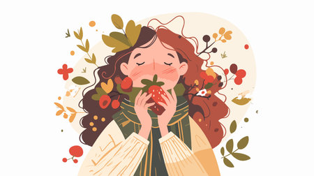 Illustration of a young woman smelling a strawberry. Vector illustration.のイラスト素材