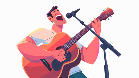Man playing guitar. Male character singing and playing musical instrument. Vector illustration in cartoon styleのイラスト素材