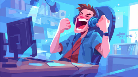 Vector cartoon illustration of young man playing video games at home. Male character with headphones and computer.のイラスト素材