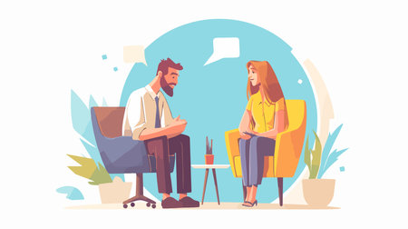 Job interview concept vector illustration. Cartoon flat man and woman sitting in armchairs and talking.のイラスト素材