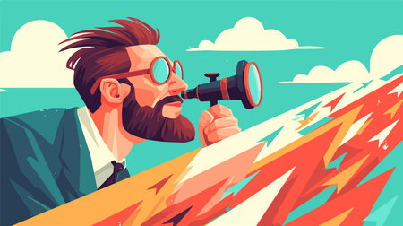 Man looking through binoculars. Vector illustration in cartoon style.のイラスト素材