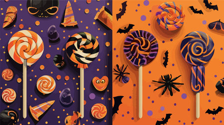 Four Classic Halloween Candy Wrappers and Lollipops on a Blue Backgroundのイラスト素材