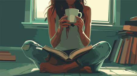 Person Reading a Book and Holding a White Mug on Their Kneesのイラスト素材