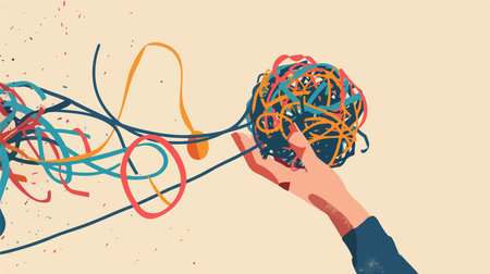 Hand Detangling a Tangled Ball of Yarn, Concept of Unraveling Complexityのイラスト素材