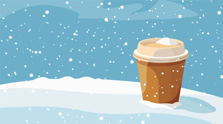 A Paper Cup of Coffee to Go on Snowy Ground with a Cartoon Vector Designのイラスト素材