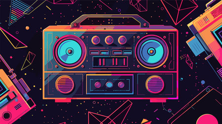Retro Music Poster Template with Vintage Boombox and Geometric Shapes