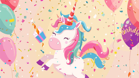 Enchanting Unicorn Birthday Celebration with Twinkling Confettiのイラスト素材