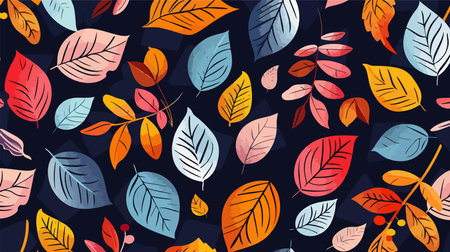 Seamless Pattern of Delicate and Intricate Leaves in Various Autumn Colors on Dark Backgroundのイラスト素材