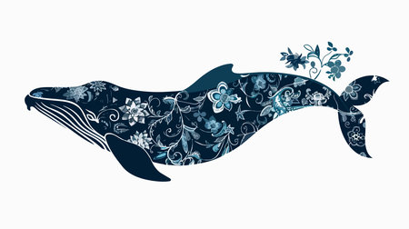Ornate Blue Whale Silhouette Graced with Floral Adornmentのイラスト素材