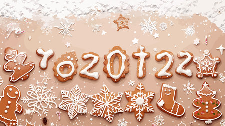 Festive Christmas Background with Traditional Gingerbread Cookies and Snowflake Decorationsのイラスト素材