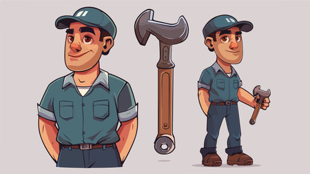 Cartoon Plumber Holding Adjustable Wrench Ready to Fixのイラスト素材