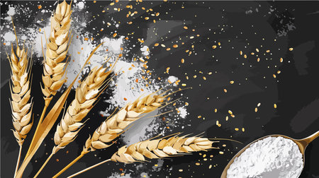 Golden Ears of Wheat Spilled by a Wooden Spoonのイラスト素材