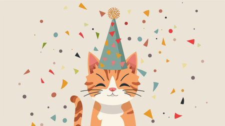 Cute Cat in a Party Hat Celebrates Birthday with Enthusiasmのイラスト素材