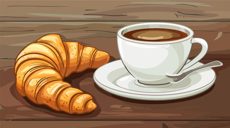 Picture-perfect Coffee and Croissant on a Wooden Table with a French Ambianceのイラスト素材