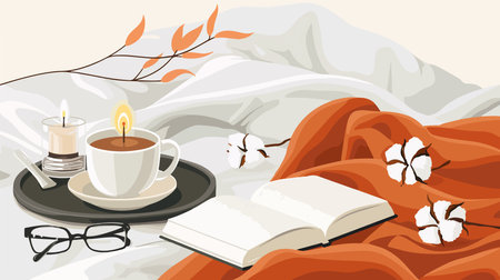 Cozy Indoor Reading Nook with Open Journal on a Cotton Branchのイラスト素材