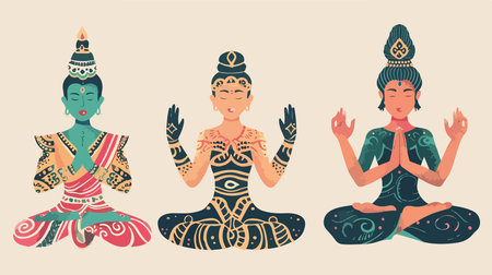 Four Buddhism Symbols with Om and Gyan Mudra Gestures
