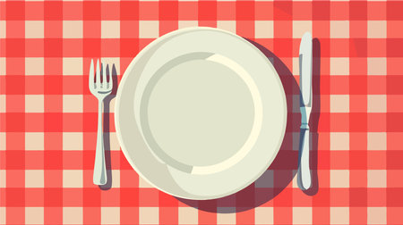 Place Setting: Empty Plate with Utensils on Red and White Checkered Tableclothのイラスト素材
