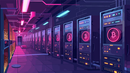 Cryptocurrency GPU Mining Farm and Bitcoin Vector Illustration