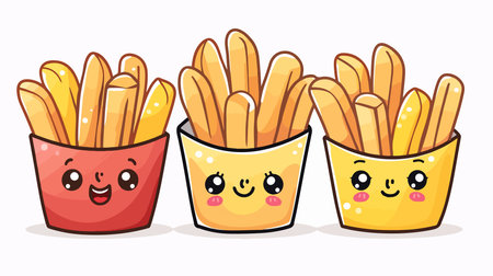 Adorable Kawaii Cartoon French Fries with Cute Facial Expressionのイラスト素材