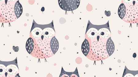 Seamless Pattern with Hand-Drawn Cartoon-Style Owls in Cute Posesのイラスト素材