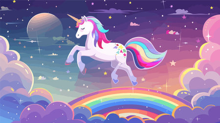 Mystical Unicorn Galloping through a Cosmic Starry Night Rainbowのイラスト素材
