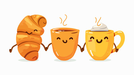 Adorable Tea Time Companions: Cheerful Characters Share Croissants and Teaのイラスト素材