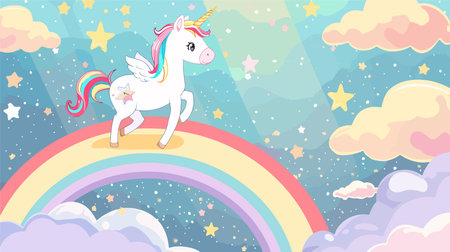 Rainbow Unicorn's Majestic Stroll Amidst Shimmering Huesのイラスト素材