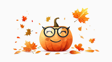 Cute Pumpkin Character with Glasses and Autumn Leaves on a Fall Dayのイラスト素材